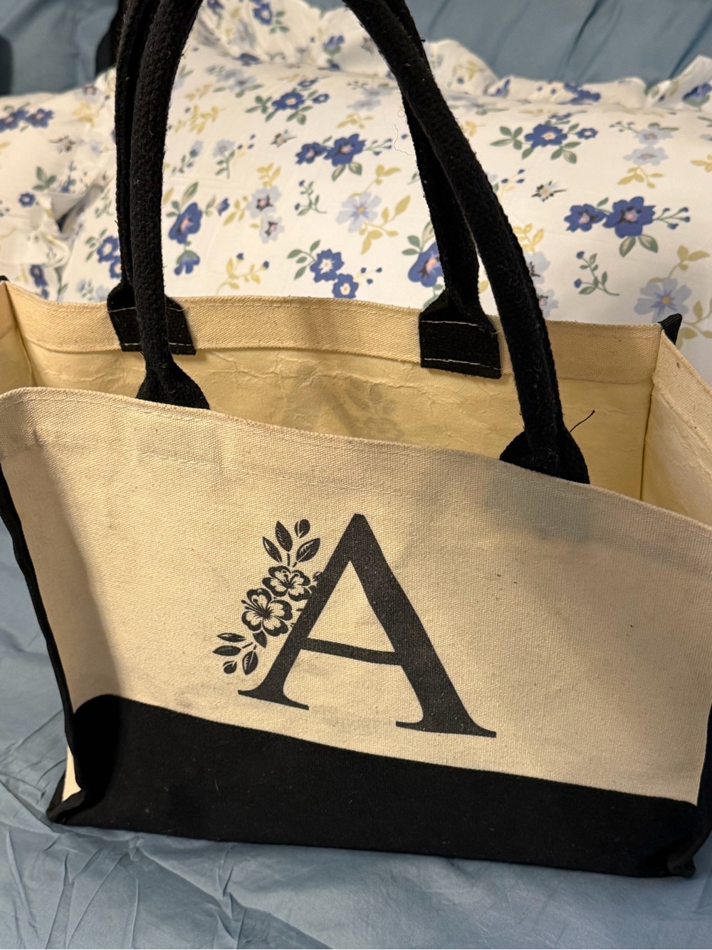 Canvas Initial Tote Bag with Black Accents - Beige & Black